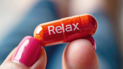 Wall Mural - A woman holds in her hand a capsule with medicine on which the word “Relax” is written, close-up.