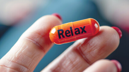 Wall Mural - A woman holds in her hand a capsule with medicine on which the word “Relax” is written, close-up.