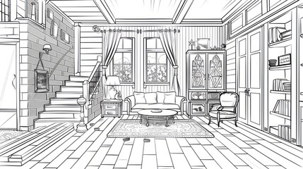 interior of miniature house line art style, coloring pages, crisp lines, highly detailed, on a white background 