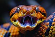 An exceptional close-up image capturing a snake's open jaws, presenting a sense of danger and raw animal power