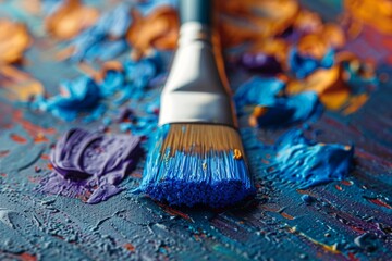 Poster - Close view of a paintbrush with blue bristles touching an abstract explosion of colorful acrylic paint strokes