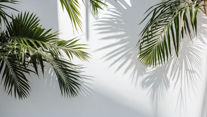 Wall Mural - creative layout of colorful palm leaves on a white background in the rays of the sun, with shadows. 