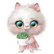 Cute cartoon white kitten in pink dress with a green succulent in pot