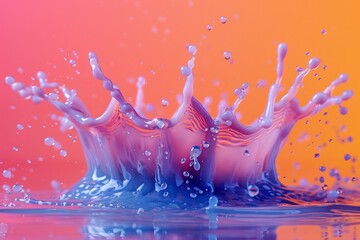 Poster - a vivid blue water splash with intricate droplets in motion against a gradient orange background, sh