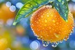 Close up micro shot of fresh orange fruit with dew on tree branch, wide banner with copy space