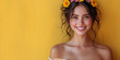 Young beautiful lady with flowers, in dress against yellow background, space for text, created with Generative AI technology