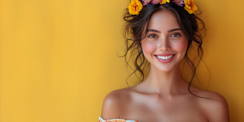 Wall Mural - Young beautiful lady with flowers, in dress against yellow background, space for text, created with Generative AI technology