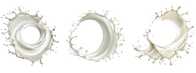 Set of circular milk splash swirl, circle shape, isolate on transparent background