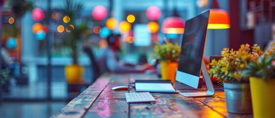 Poster - A colorful and creative workspace featuring an iMac and graphic tablet adorned with plants, implying a designer's vibrant work area