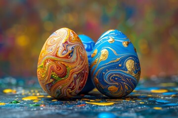 Two Easter eggs with intricate paint swirls and metallic colors showcase a blend of tradition and artistry unique to festive celebrations