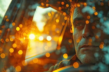 Poster - An abstract image capturing the golden hues of sunlight as it reflects and refracts on a textured glass surface