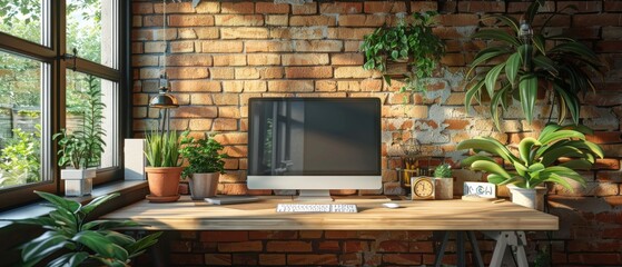 Poster - A peaceful home office setup with a stylish computer and a variety of lush green plants surrounding it