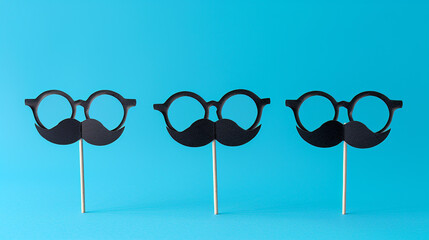 Wall Mural - Father's Day Holiday Concept. Transparent glasses, stylish black paper photo booth props moustaches on blue background.