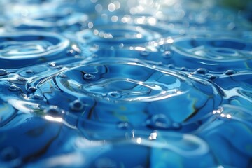 Poster - This image displays a stunning close-up of pristine water droplets, showcasing the intricate details and reflections on a blue background