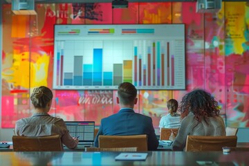 Poster - A group of professionals focus on a digital presentation in a vibrant, modern meeting room setting