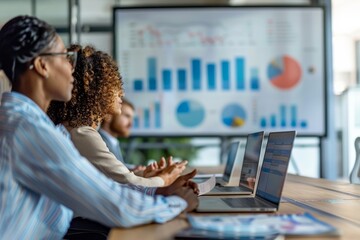 Poster - Business professionals intently examine graphical data on a screen in a corporate setting