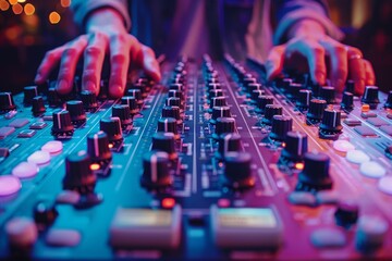 Wall Mural - Dynamic image showing a DJ's hands adjusting settings on a mixing console with vibrant lights