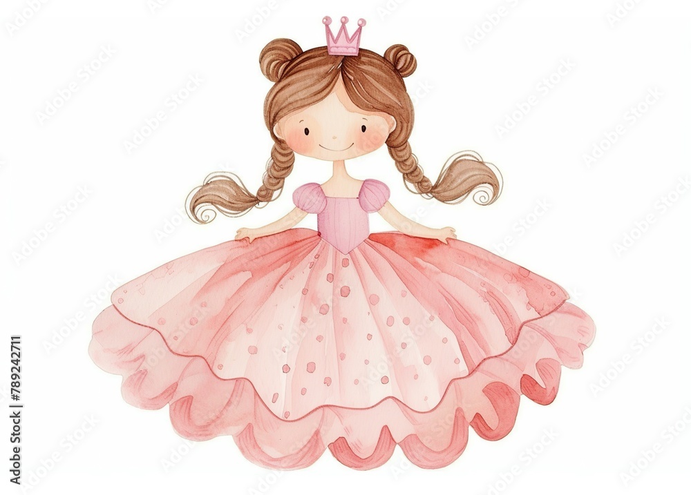 Cute watercolor smiling princess, little girl with pink dress and crown ...