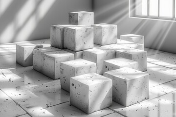 Poster - A 3D rendered monochrome scene of geometric cubic shapes with sunlight casting shadows