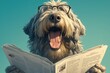 A very happy shaggy dog with glasses sitting at the table, looking surprised and excited while reading papers on it against a teal background.