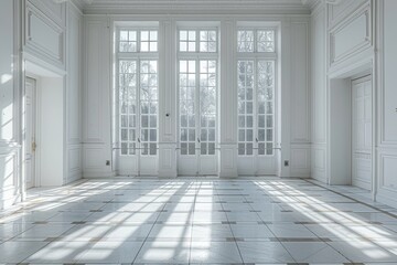 Poster - An illuminated white room with a classic design featuring sunlight casting shadows on the floor