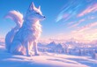 A white fox sitting on the snow, aurora in background, sunset sky. The dog is standing upright with its tail curled upwards and eyes closed, illuminated by vibrant colors of northern lights. 