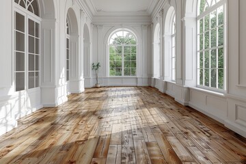 Poster - An expansive empty room is illuminated by natural light streaming through large windows, showcasing its elegant wooden floors and tall white walls