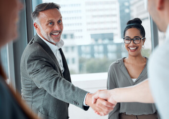Poster - Handshake, meeting and welcome with business man in office for hiring, management or recruitment. Contract, partnership and promotion deal with mature employee shaking hands for b2b collaboration