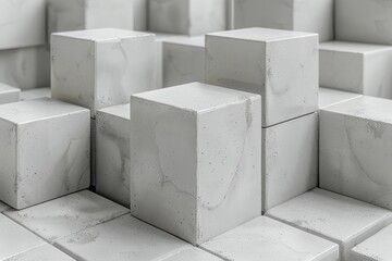 Poster - A 3D illustration of white geometric cubes stacked in an abstract, orderly fashion that creates a visually captivating pattern