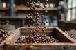 An aesthetically pleasing photograph of coffee beans flying over an old wooden crate, showing motion and rustic charm
