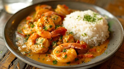 Wall Mural - Shrimps in curry sauce and rice on a plate