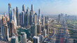 Aerial view of Dubai Marina. Dubai Marina is an affluent residential neighborhood known for The Beach at JBR.	