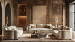 Luxury living room in warm colors. Brown beige walls 