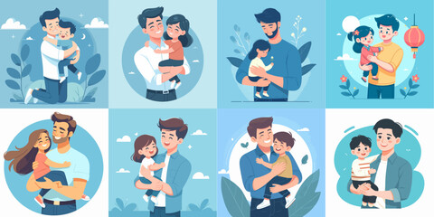 illustration set of dad holding his child vector flat illustration. happy father's day