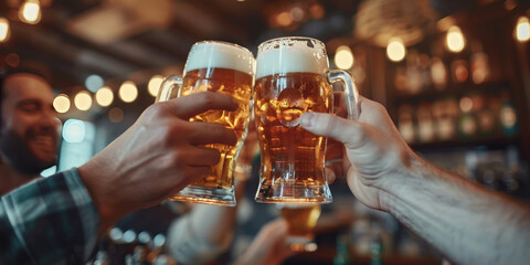 Closeup of hands toasting beer glasses in bar with friends during evening party, celebrating and having fun together,, people cheering, cheers, happy moment, nightclub, 