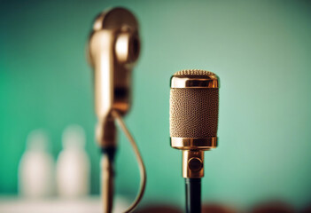 green mint retro photo microphone background conference press golden Vintage interview style filtered mic radio news narrator gold speak singer voice old