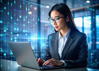 A young beautiful Asian girl in a suit is working on a laptop in an office with digital codes on a virtual screen. Digital technologies of the future. Software development.