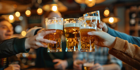 Closeup of hands toasting beer glasses in bar with friends during evening party, celebrating and having fun together,, people cheering, cheers, happy moment, nightclub, 