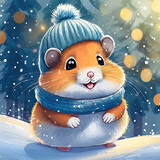 Fototapeta Lawenda - Portrait of a cute cute hamster dressed in a knitted hat and scarf in winter. AI generated.