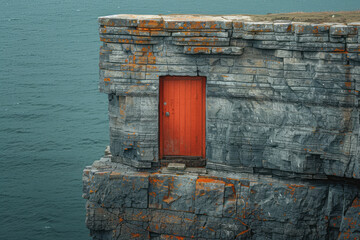 Poster - A photograph capturing a bright red door positioned halfway up a cliff face, with no visible means o