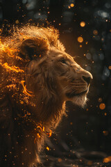 Poster - A photograph capturing a lion with a mane made of flames, its roar sending sparks into the air. 35-1