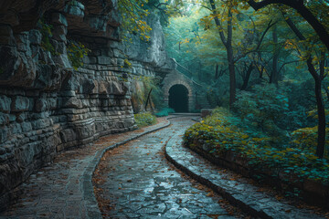 Aufkleber - A photograph capturing a park path designed to look like a deep canyon from one angle but flat from