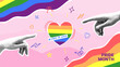 Pride Month collage concept. Vector illustration of hands reaching out to touch rainbow heart. Collage with cut out paper elements, halftone hands and doodles for decoration of LGBT events.