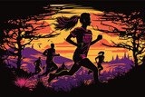 Fototapeta Big Ben - Running silhouettes. Vector illustration, Trail Running, Marathon runner, running postcard, trail running