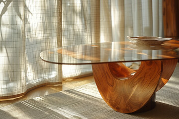 Leinwandbilder - A photograph of a custom-designed furniture piece where wood, glass, and fabric are used to create a