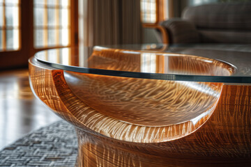Poster - A photograph of a custom-designed furniture piece where wood, glass, and fabric are used to create a