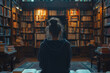A photograph of a person lost in thought in a library, surrounded by dark wood and soft amber lighti