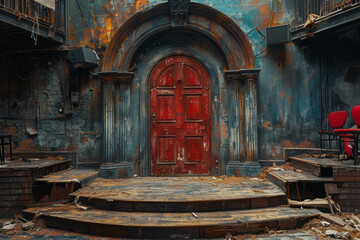 Leinwandbilder - A depiction of a door on the stage of an old theater, oddly out of place among the props and backdro