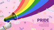 Vector collage for Pride Month events. Banner with halftone hand holding megaphone with rainbow. Collage with cut out paper elements, halftone loudspeaker and doodles for decoration of LGBT events.