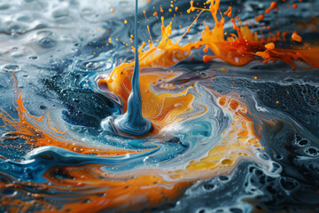 Poster - A photograph of an artist dripping viscous paint onto a spinning canvas, the centrifugal force creat